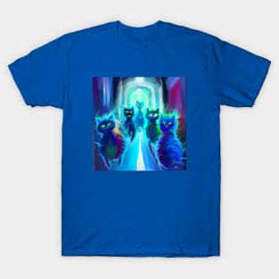 Blue Cats Flank the Sides of a Mysterious Long Corridor T-Shirt